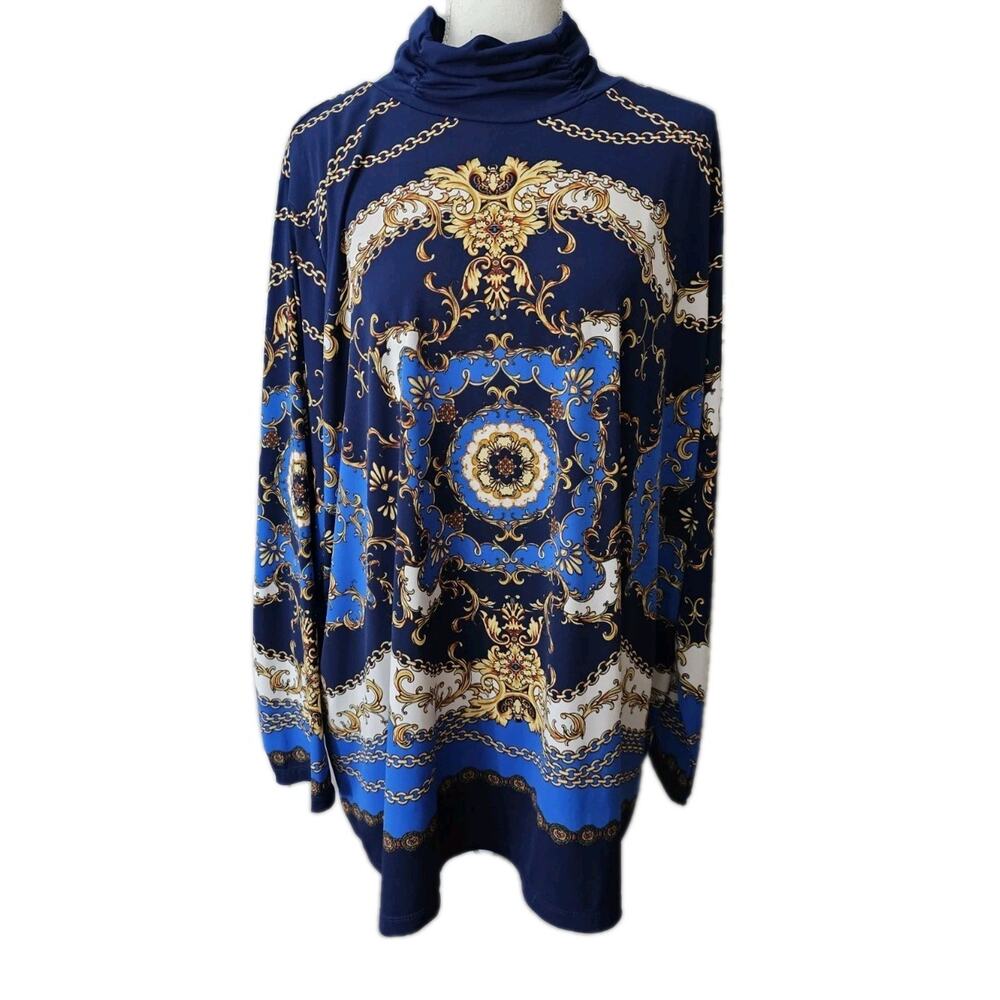 Susan Graver Liquid Knit Printed Turtleneck Blouse Top 3X Plus Size Blue Shirt